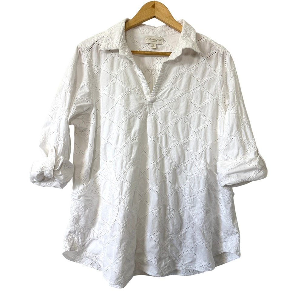 Embroidered Eyelet Button Down Cotton 1X‎ White Boho Cottagecore Cynthia Rowley